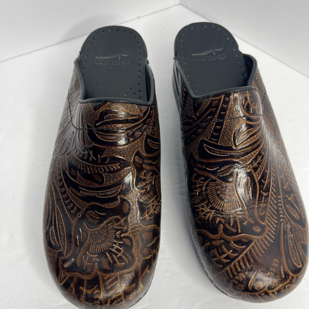 Dansko Brown Leather Mules with Artistic Design